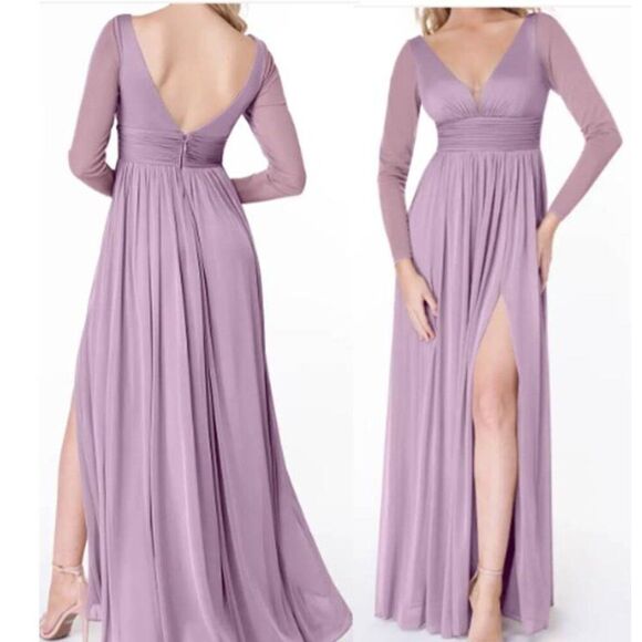 Azazie Women's Princess V Neck Pleated Gown Party Dress Purple - Picture 1 of 5